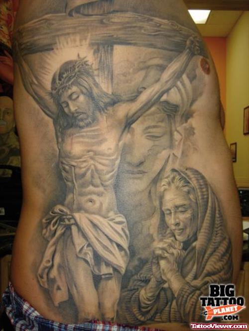 Grey Ink Cross And Jesus Tattoo On Side For Men