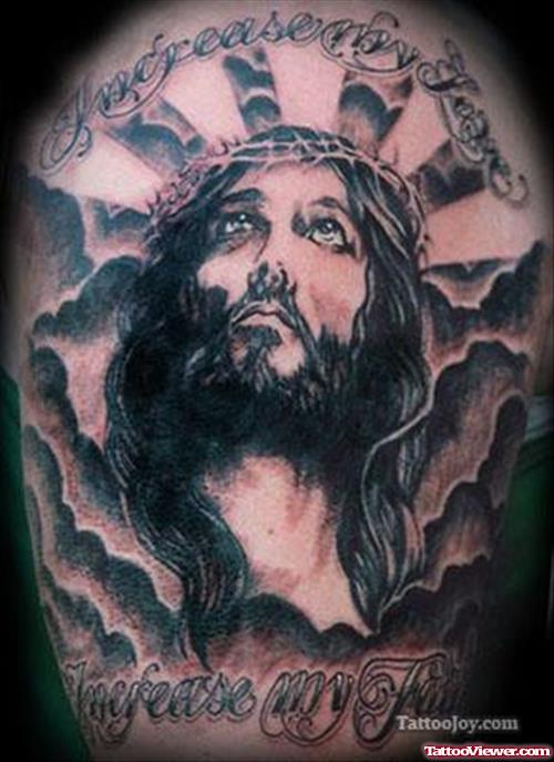 Amazing Jesus Head Tattoo On Shoulder
