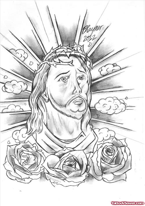 Rose Flowers And Jesus Christ Tattoo Design