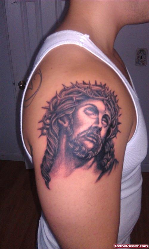Right Shoulder Jesus Head Tattoo For Men