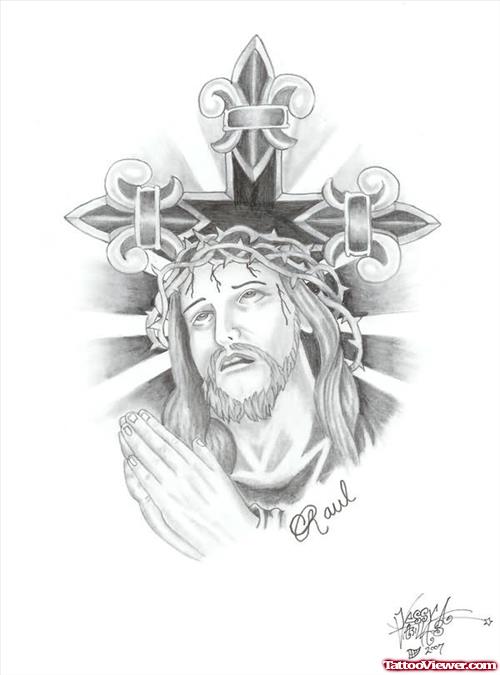 Praying Jesus Christ And Cross Tattoo Design