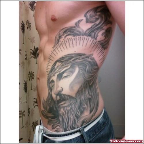 Man Rib Side Grey Ink Jesus Tattoo For Men