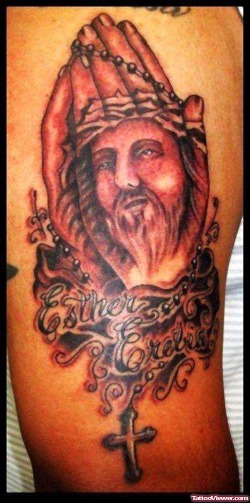 Grey Ink Praying Hands Jesus Head Tattoo On Shoulder