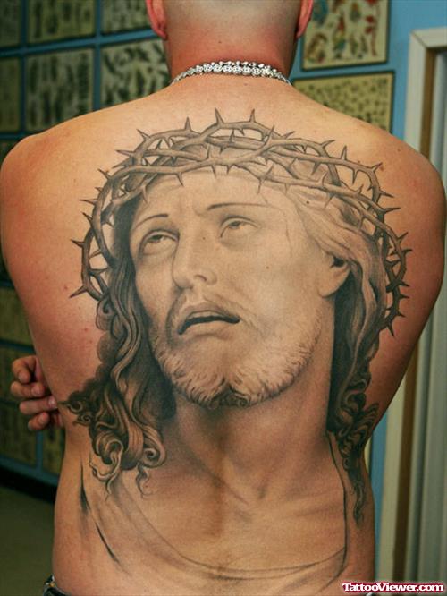 Grey Ink Large Jesus Head Tattoo On Back
