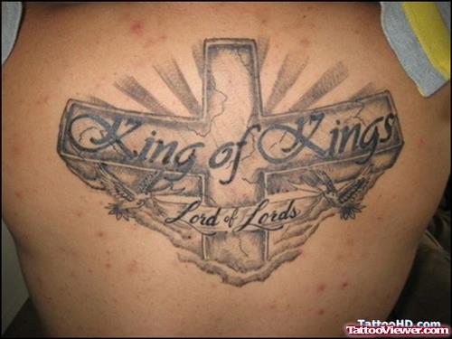 Grey Ink Cross King Of Kings Jesus Tattoo On Back