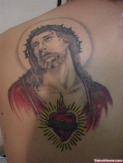 Colored Jesus Tattoo On Left Back Shoulder