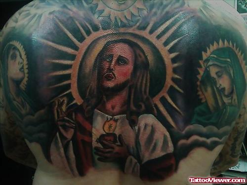 Colored Ink Religious Jesus Christ Tattoo On Back Body