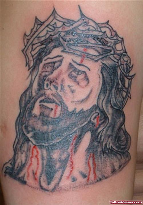 Bleeding Jesus Head Tattoo On Shoulder