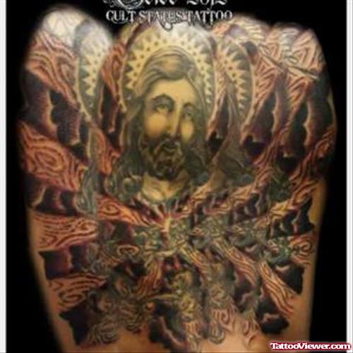 Awesome Color Jesus Tattoo On Half Sleeve