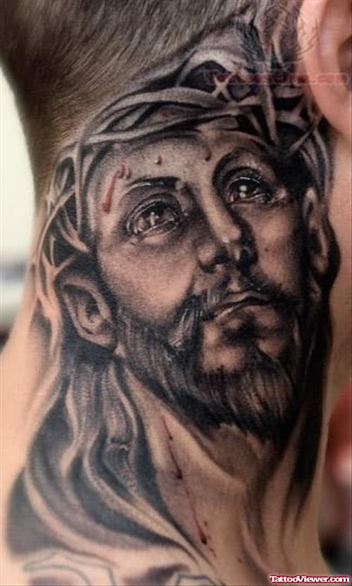 Jesus Head Tattoo On Neck