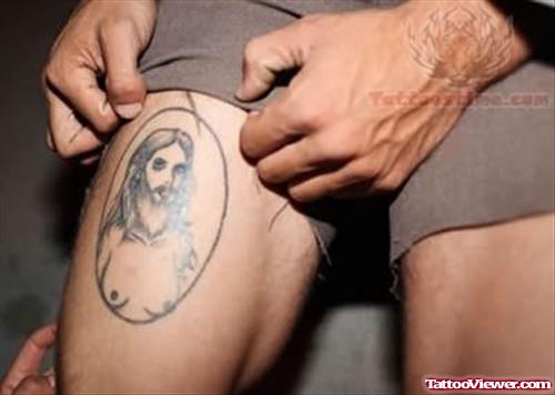 Jesus Tattoo on Thigh