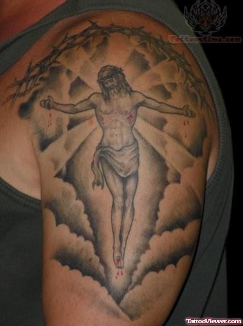 Jesus In Clouds Tattoo On Shoulder