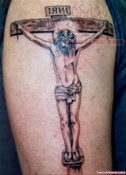 Cross And Jesus Tattoo On Shoulders