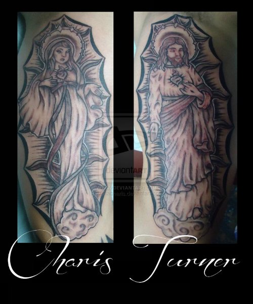Grey Ink Virgin Mary Jesus Tattoo