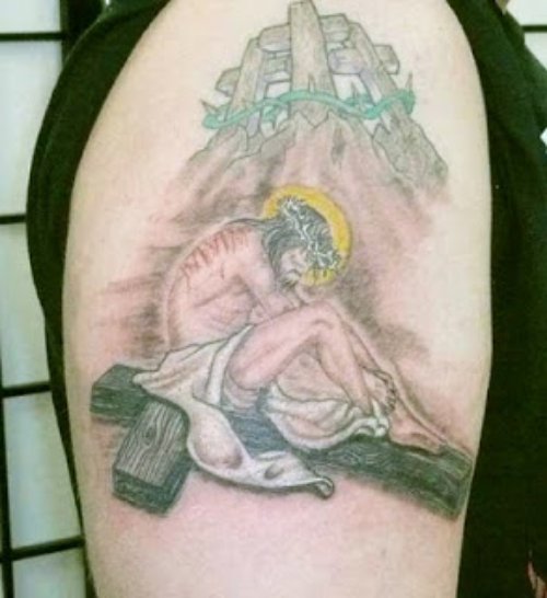 Jesus On Cross Tattoo On Right Shoulder