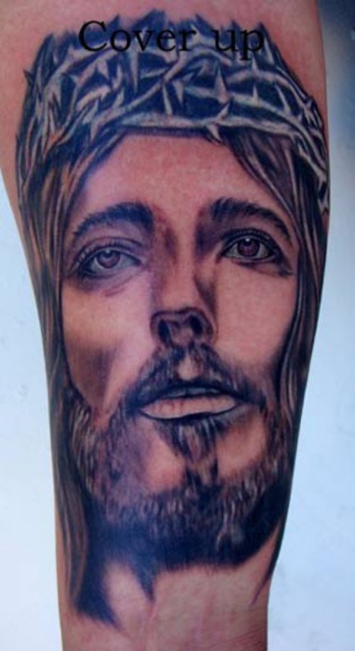 Awesome Jesus Head Tattoo On Sleeve