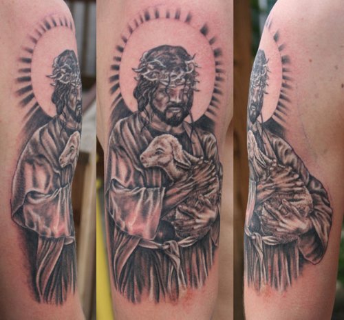 Amazing Grey Ink Jesus With Sheep Tattoo On Sleeve