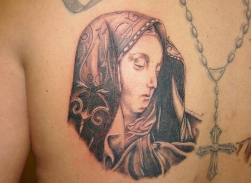 Rosary And Jesus Mother Tattoo On Back Shoulder