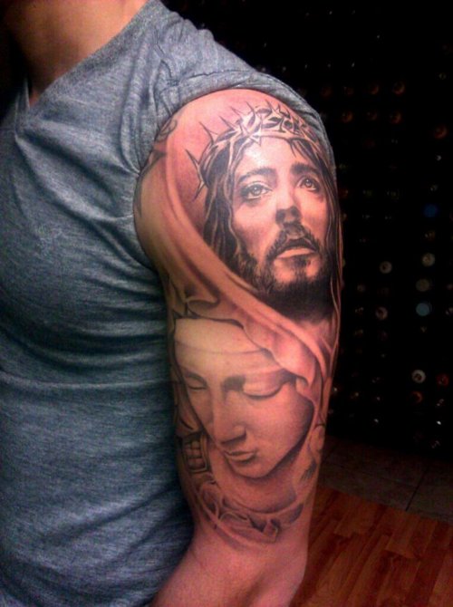 Virgin Mary And Jesus Tattoo On Man Left Shoulder