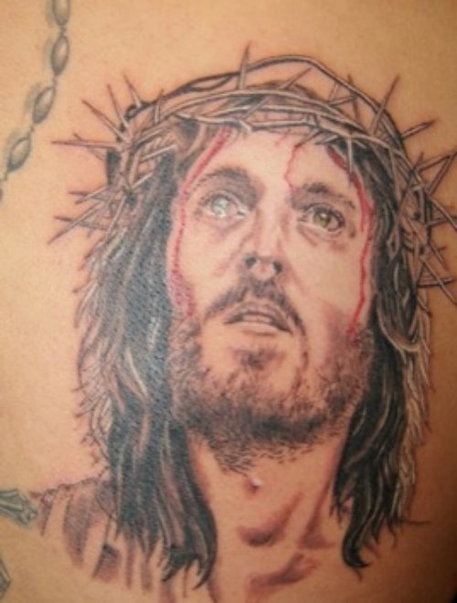Wonderful Grey Ink Jesus Head Tattoo