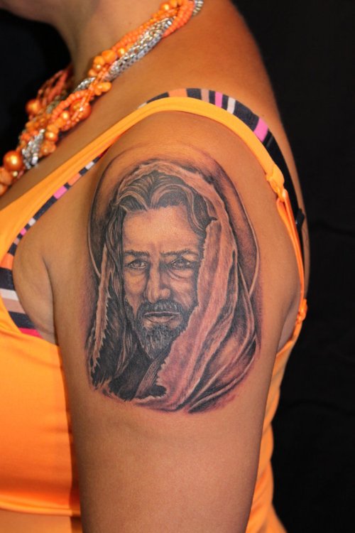 Jesus Tattoo On Girl Left Shoulder