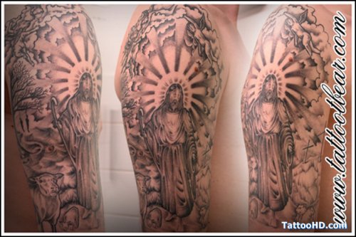 Attractive Jesus Tattoo On Man Right Sleeve