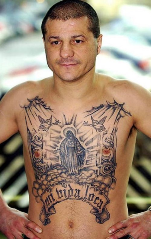 Grey Ink Jesus Tattoo On Belly