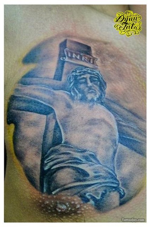 Jesus With Cross Tattoo On Man Chest