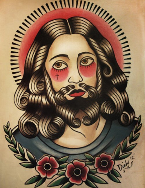 Red Flowers And Jesus Head Tattoo