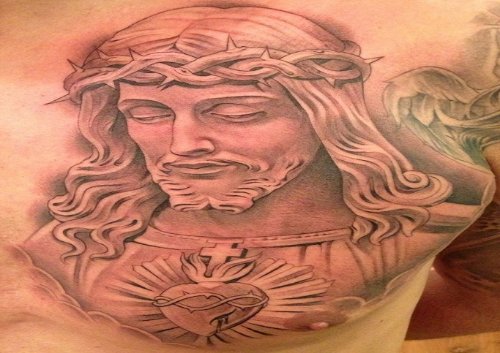 Grey Ink Jesus And Sacred Heart Tattoo On Man Chest