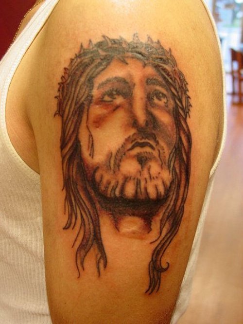 Amazing Jesus Head Tattoo On Left Shoulder