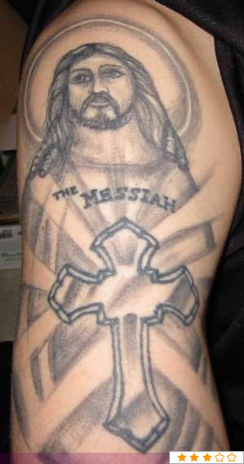 Large Cross And Jesus Tattoo On Sleeve