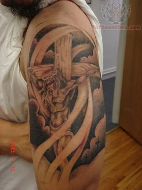 Religious Jesus Tattoo On Muscles