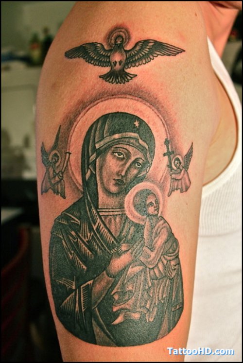 Flying Bird And Mother Mary with Jesus Tattoo On Right Half Sleeve