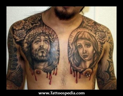 Dark Ink Jesus Christ And Mary Tattoos On Chest