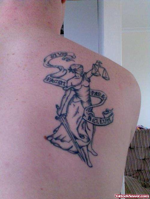 Justice And War Tattoo On Right Back Shoulder