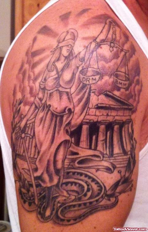 Grey Ink Lady Justice Tattoo On Right Shoulder
