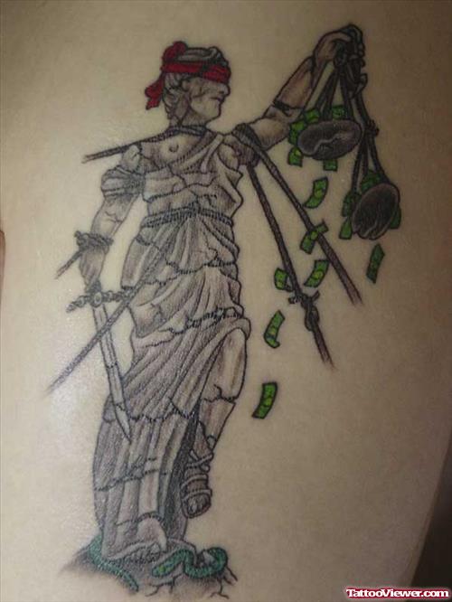 Grey Ink Lady Justice Tattoo Design