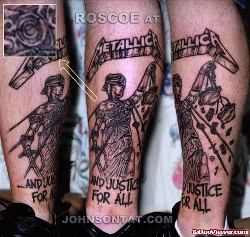 Grey Ink Justice Tattoo On Leg For Men