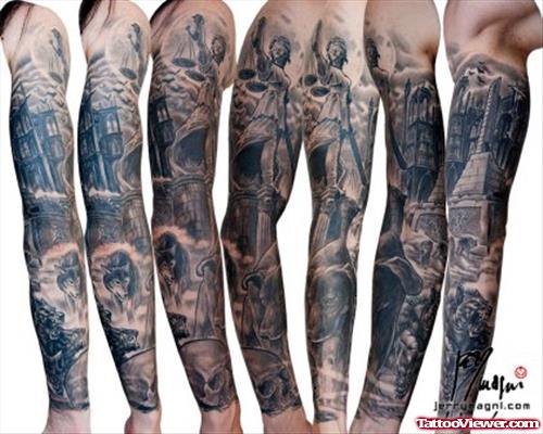 Grey Ink Justice Tattoo On Full Sleeve