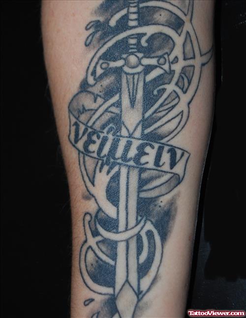 Grey Ink Dagger Justice Tattoo On Arm