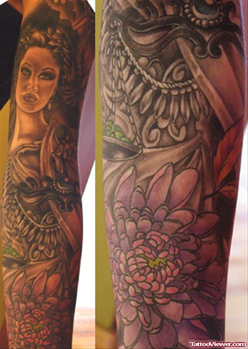 Flowers and Justice Tattoo On Half Sleeve