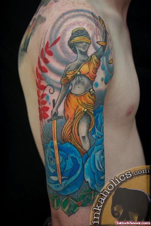 Colored Lady Justice Tattoo On Right Sleeve