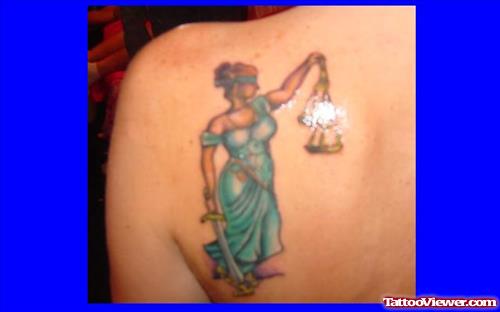 Color Ink Justice Tattoo On Left Back Shoulder
