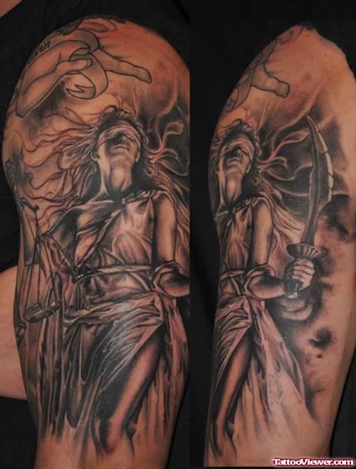 Awesome Grey Ink Justice Tattoo On Half Sleeve
