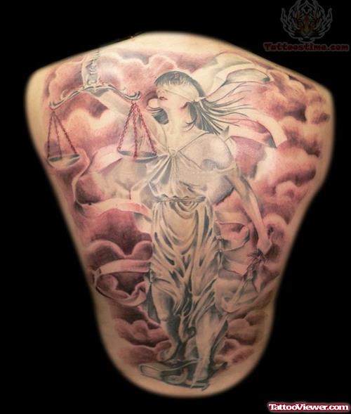 Lady Justice Tattoo On Back Body
