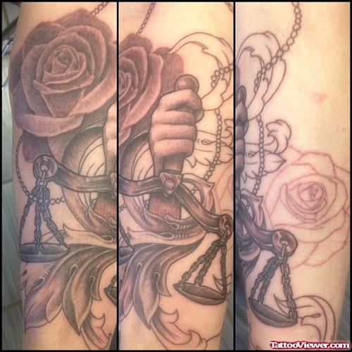 Grey Rose Flowers And Balance Justice Tattoo
