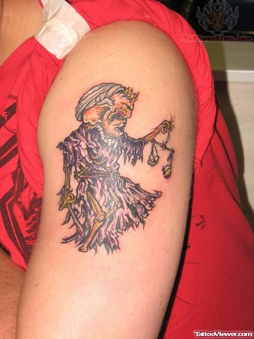 Grey Ink Twisted Justice Tattoo On Left Half Sleeve