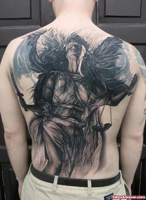 Grey Ink Justice Tattoo On Man Back