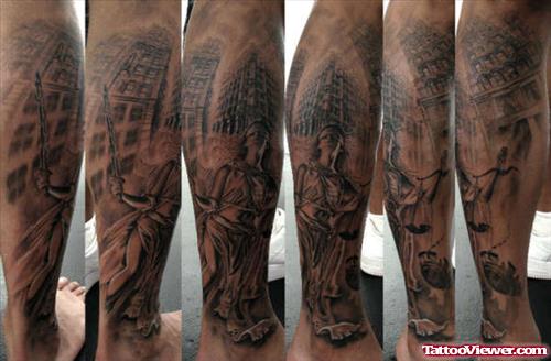 Grey Ink Justice Tattoo On Leg Sleeve
